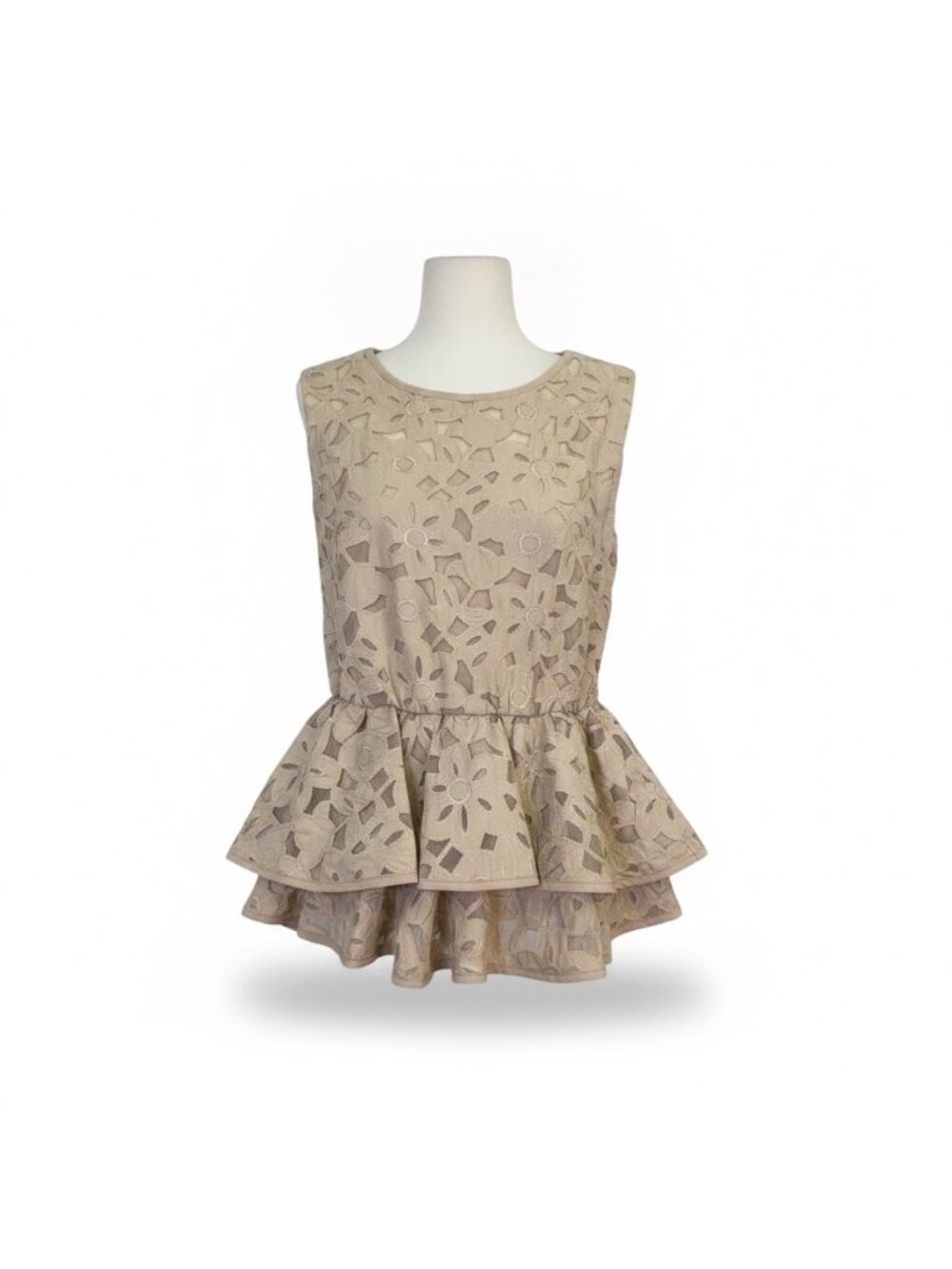 Gracia Womens Beige Peplum Sleeveless Top Embroidered Floral Cut-Out Size S